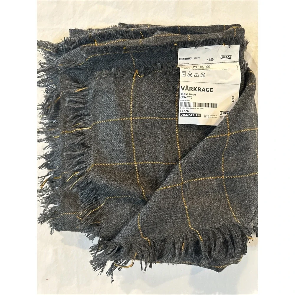 IKEA VARKRAGE Throw Blanket Gray Mustard Plaid 43x67